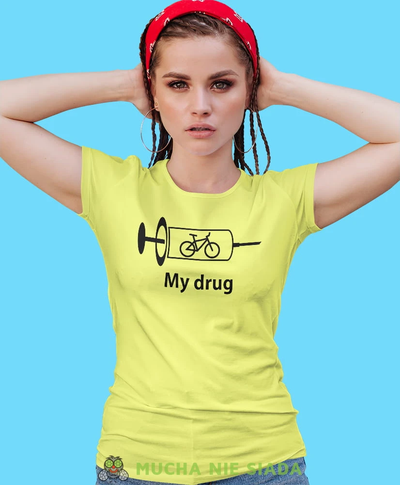 bike is my drug, żółta damska koszulka rowerowa z nadrukiem, na rower, fajna koszulka dla rowerzystki, na co dzień, na prezent.jpg