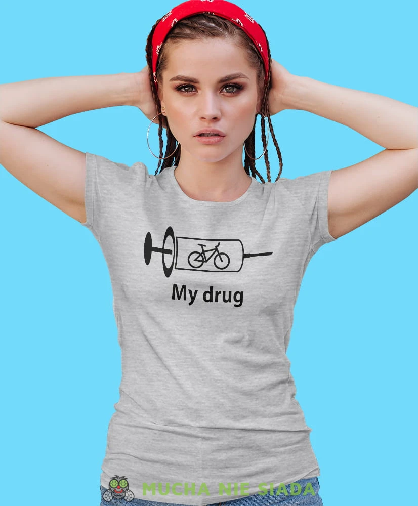 bike is my drug, szara damska koszulka rowerowa z nadrukiem, na rower, fajna koszulka dla rowerzystki, na co dzień, na prezent.jpg