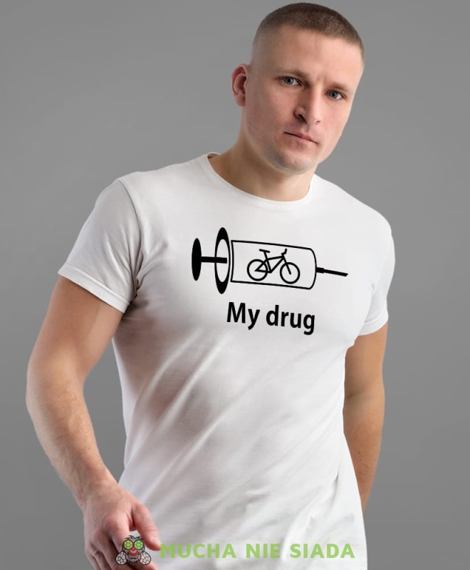 bike is my drug, biała męska koszulka rowerowa z nadrukiem, na rower, na co dzień, na prezent, fajna koszulka dla chłopaka, rower, rowerzysta.jpg