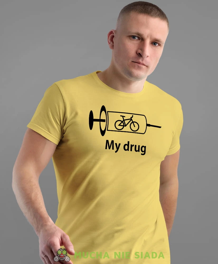 bike is my drug, żółta męska koszulka rowerowa z nadrukiem, na rower, na co dzień, na prezent, fajna koszulka dla chłopaka, rower, rowerzysta.jpg