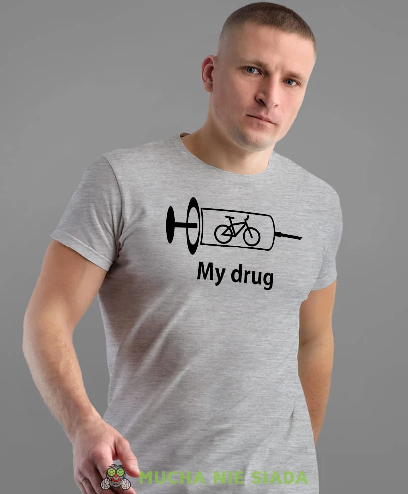 bike is my drug, szara męska koszulka rowerowa z nadrukiem, na rower, na co dzień, na prezent, fajna koszulka dla chłopaka, rower, rowerzysta.jpg