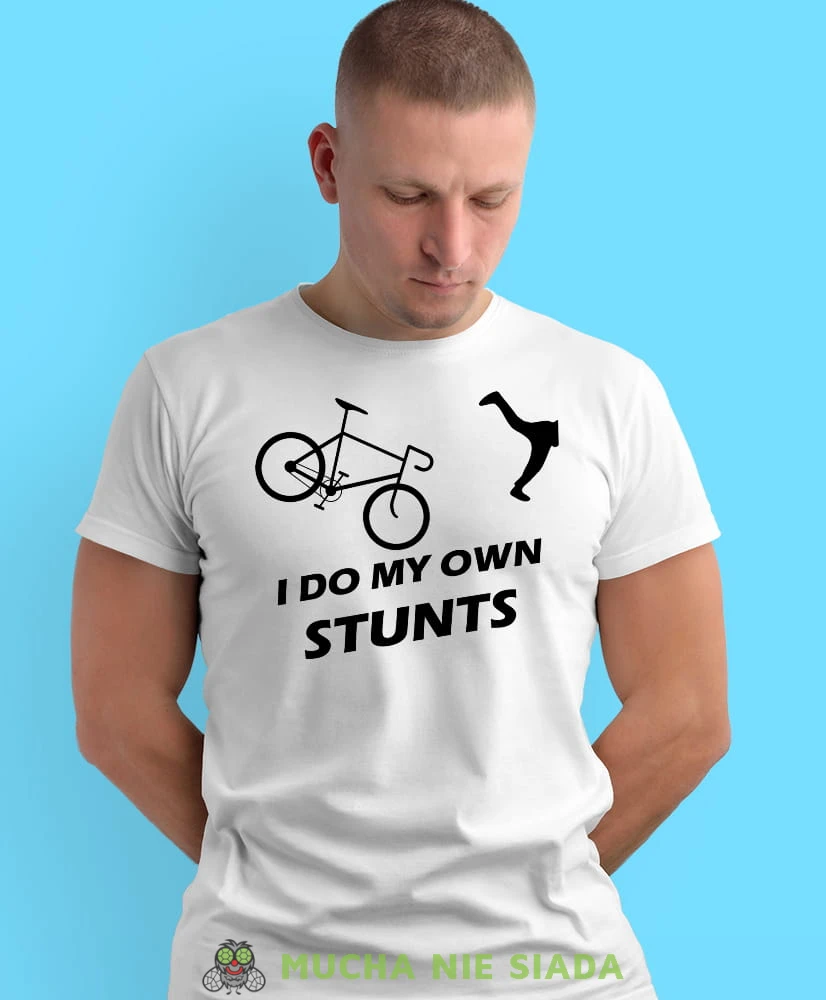 i do my own stunts, biała męska koszulka rowerowa z nadrukiem, na rower, na co dzień, na prezent, fajna koszulka dla chłopaka, rower, rowerzysta.jpg