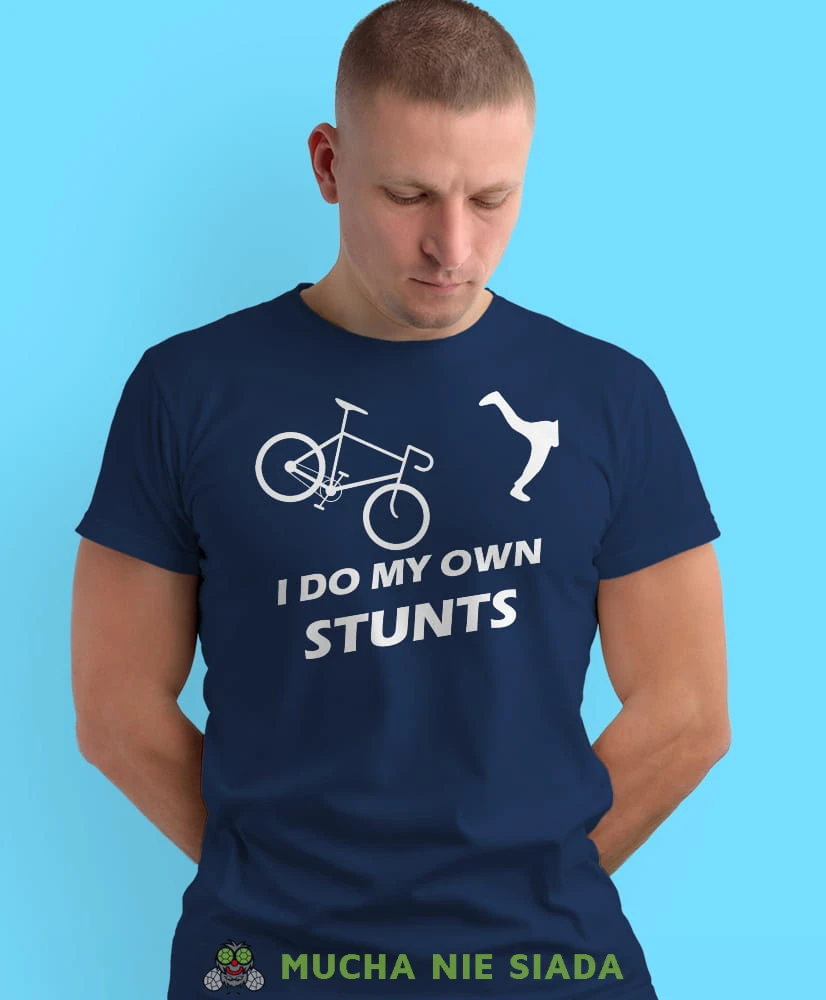 i do my own stunts, granatowa męska koszulka rowerowa z nadrukiem, na rower, na co dzień, na prezent, fajna koszulka dla chłopaka, rower, rowerzysta.jpg