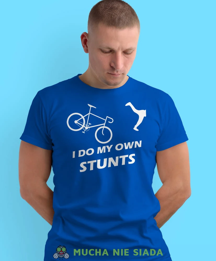 i do my own stunts, niebieska męska koszulka rowerowa z nadrukiem, na rower, na co dzień, na prezent, fajna koszulka dla chłopaka, rower, rowerzysta.jpg