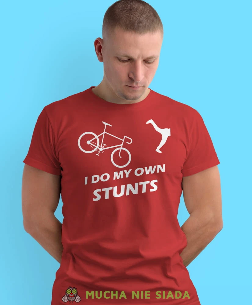 i do my own stunts, czerwona męska koszulka rowerowa z nadrukiem, na rower, na co dzień, na prezent, fajna koszulka dla chłopaka, rower, rowerzysta.jpg