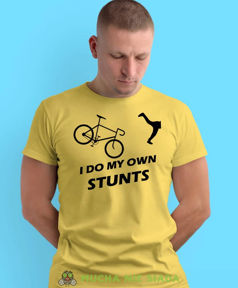 i do my own stunts, żółta męska koszulka rowerowa z nadrukiem, na rower, na co dzień, na prezent, fajna koszulka dla chłopaka, rower, rowerzysta.jpg