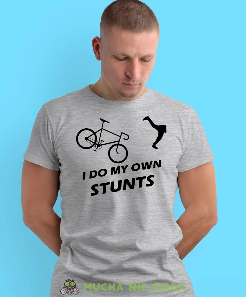 i do my own stunts, szara męska koszulka rowerowa z nadrukiem, na rower, na co dzień, na prezent, fajna koszulka dla chłopaka, rower, rowerzysta.jpg