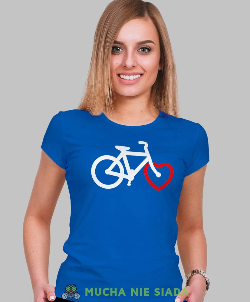 rower serce, niebieska damska koszulka rowerowa z nadrukiem, na rower, fajna koszulka dla rowerzystki, na co dzień, na prezent .jpg