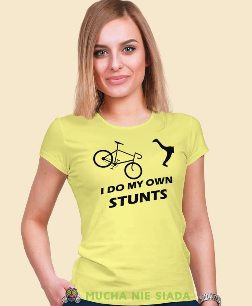 i do my own stunts, żółta damska koszulka rowerowa z nadrukiem, na rower, fajna koszulka dla rowerzystki, na co dzień, na prezent.jpg