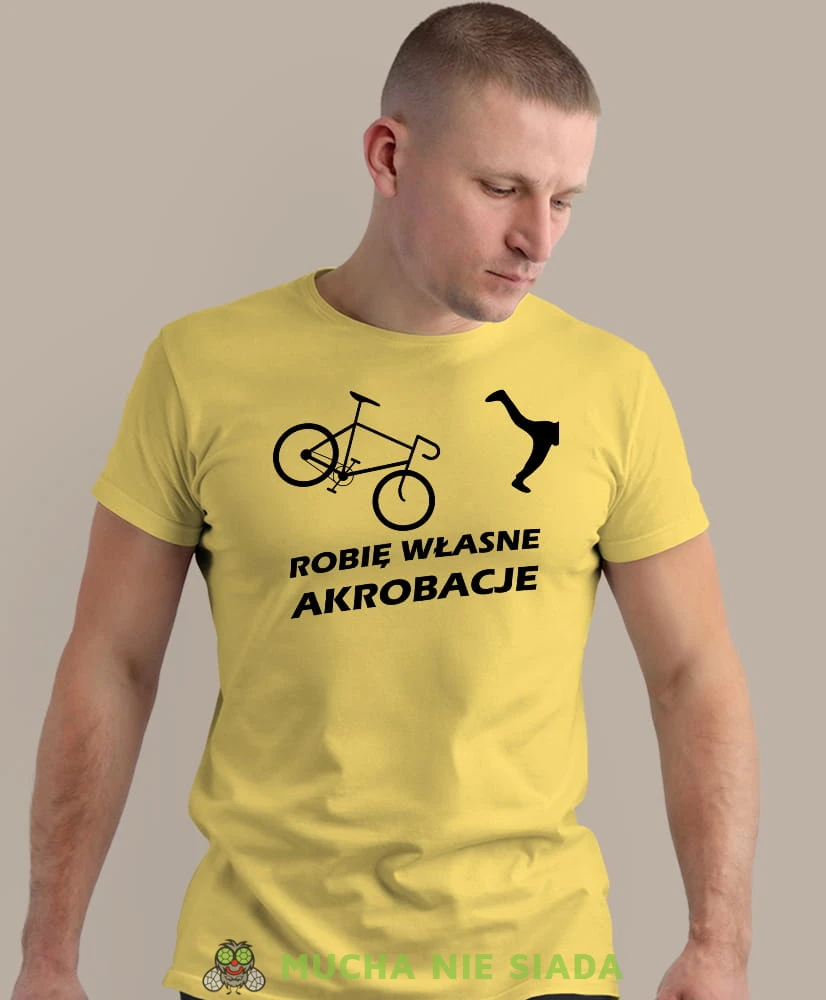 robię własne akrobacje, żółta męska koszulka rowerowa z nadrukiem, na rower, na co dzień, na prezent, fajna koszulka dla chłopaka, rower, rowerzysta.jpg