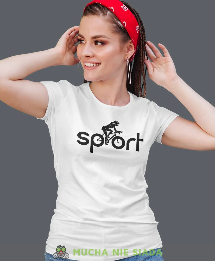 rowerzystka sport, biała damska koszulka rowerowa z nadrukiem, na rower, fajna koszulka dla rowerzystki, na co dzień, na prezent.jpg