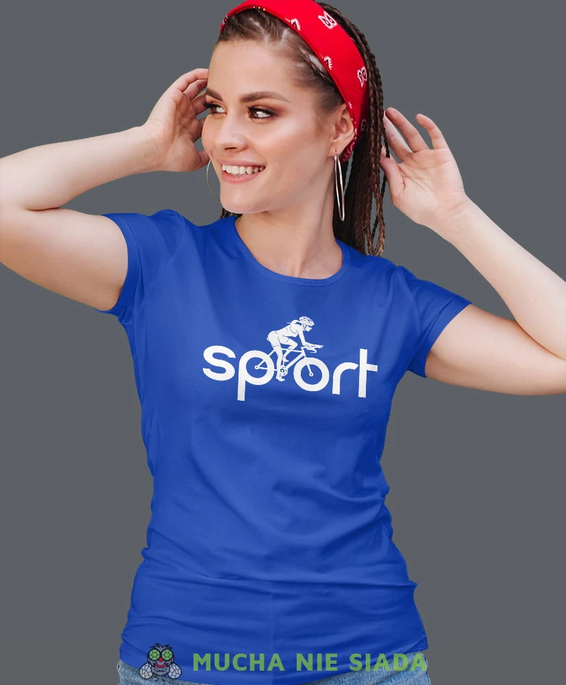 rowerzystka sport, niebieska damska koszulka rowerowa z nadrukiem, na rower, fajna koszulka dla rowerzystki, na co dzień, na prezent.jpg