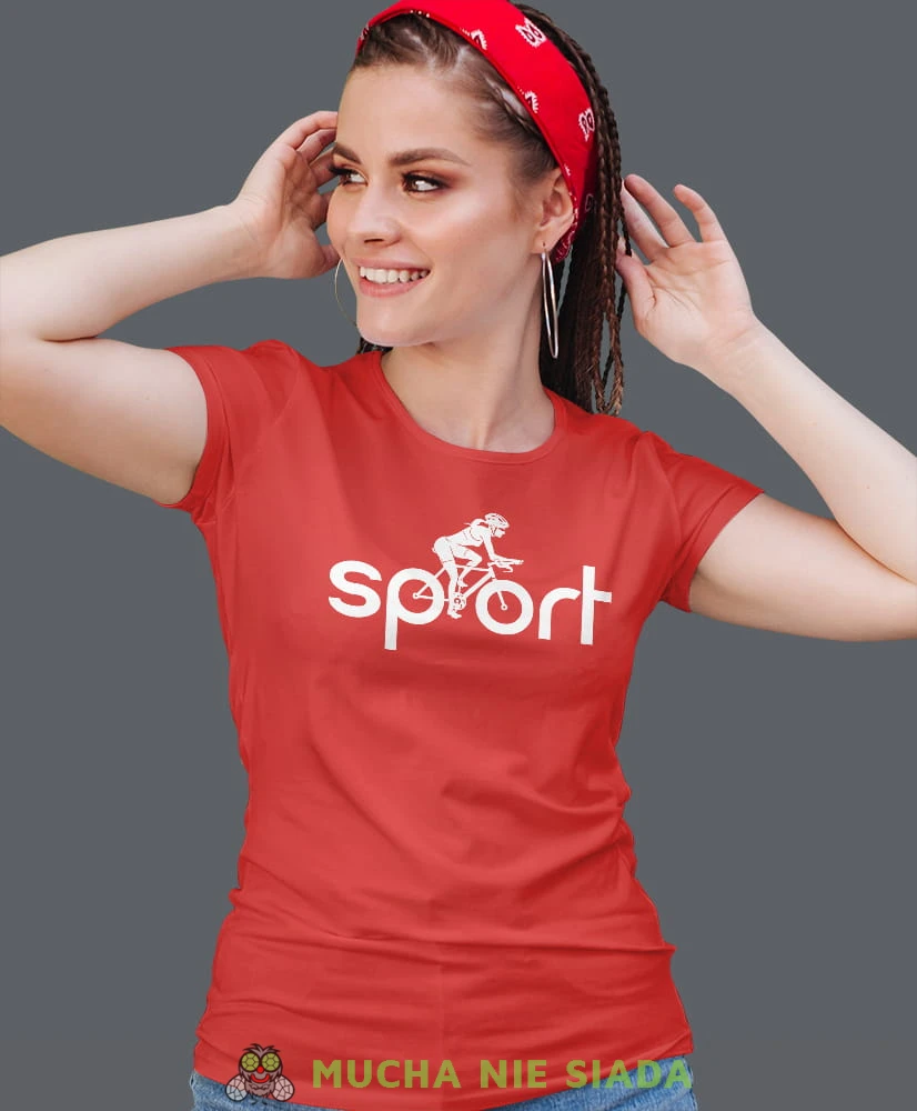 rowerzystka sport, czerwona damska koszulka rowerowa z nadrukiem, na rower, fajna koszulka dla rowerzystki, na co dzień, na prezent.jpg