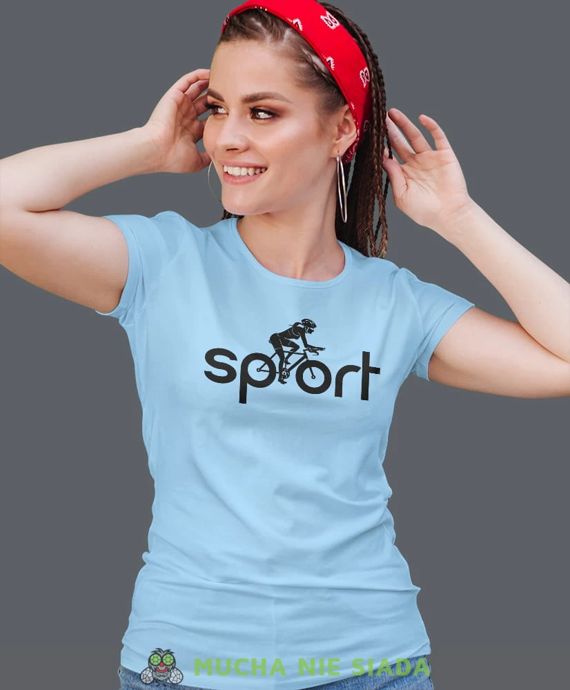rowerzystka sport, jasno niebieska damska koszulka rowerowa z nadrukiem, na rower, fajna koszulka dla rowerzystki, na co dzień, na prezent.jpg