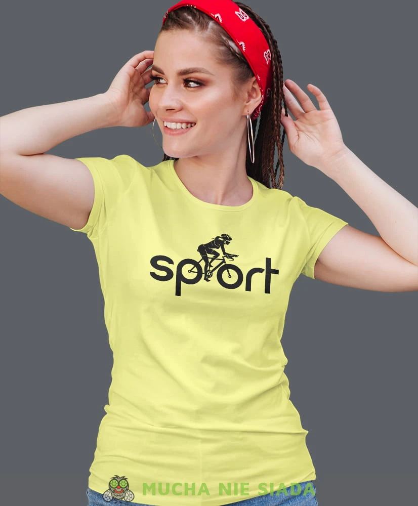 rowerzystka sport, żółta damska koszulka rowerowa z nadrukiem, na rower, fajna koszulka dla rowerzystki, na co dzień, na prezent.jpg