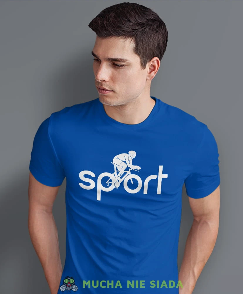 rowerzysta sport, niebieska męska koszulka rowerowa z nadrukiem, na rower, na co dzień, na prezent, fajna koszulka dla chłopaka, rower, rowerzysta.jpg