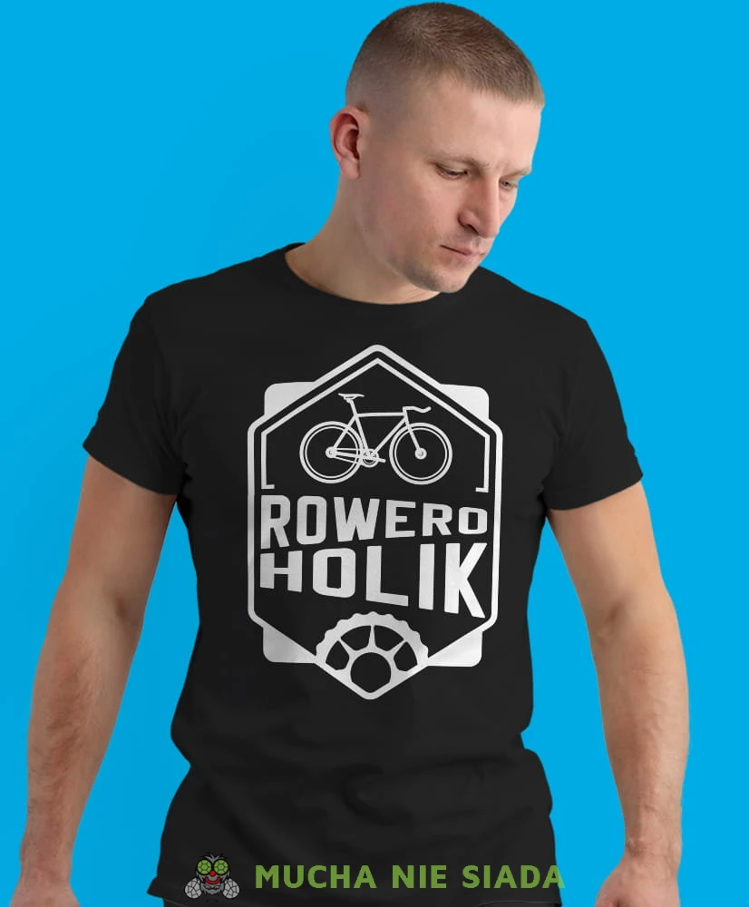 roweroholik, czarna męska koszulka rowerowa z nadrukiem, na rower, na co dzień, na prezent, fajna koszulka dla chłopaka, rower, rowerzysta.jpg