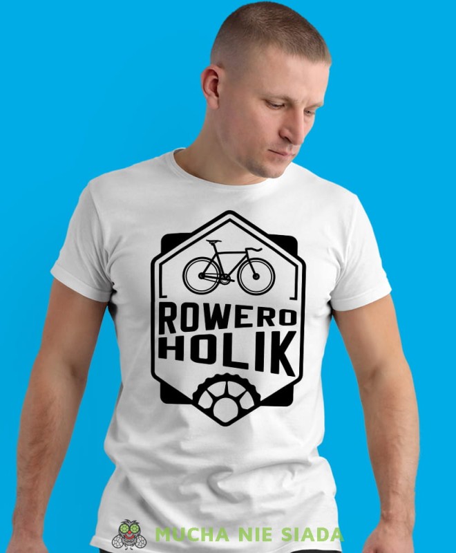 roweroholik, biała męska koszulka rowerowa z nadrukiem, na rower, na co dzień, na prezent, fajna koszulka dla chłopaka, rower, rowerzysta.jpg