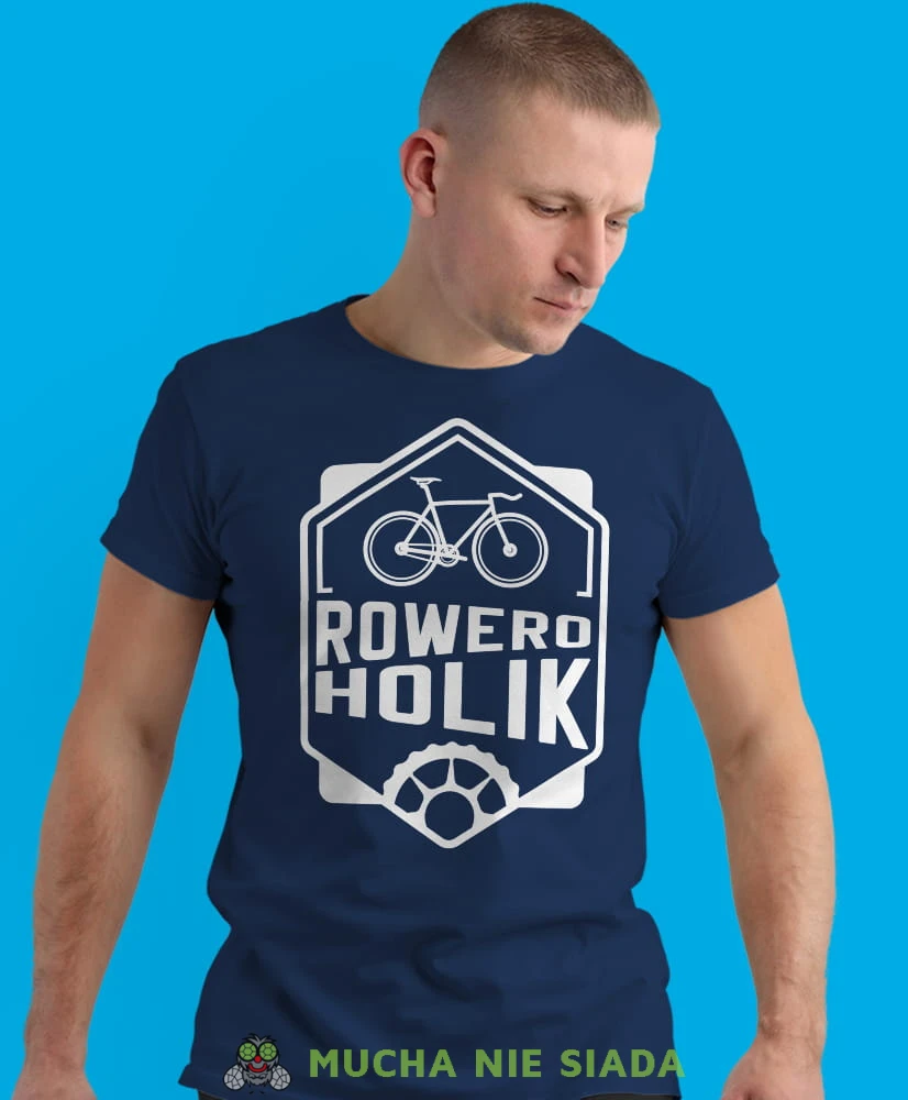 roweroholik, granatowa męska koszulka rowerowa z nadrukiem, na rower, na co dzień, na prezent, fajna koszulka dla chłopaka, rower, rowerzysta.jpg