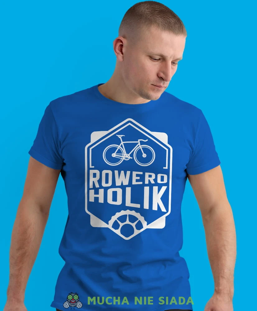 roweroholik, niebieska męska koszulka rowerowa z nadrukiem, na rower, na co dzień, na prezent, fajna koszulka dla chłopaka, rower, rowerzysta.jpg