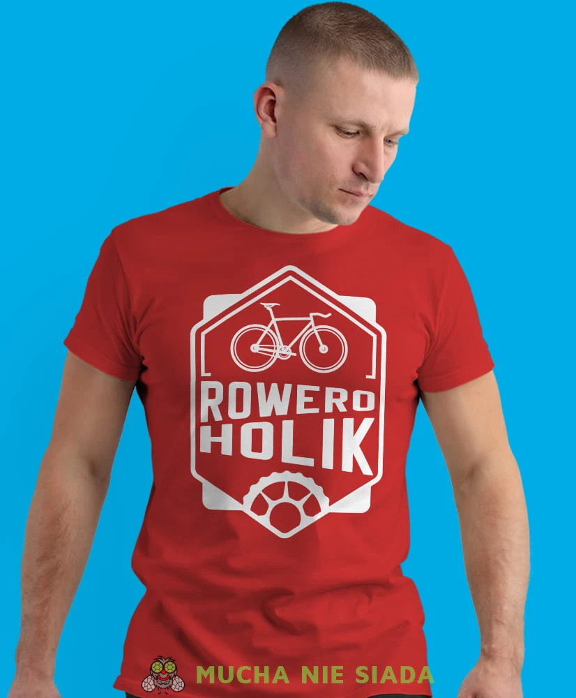 roweroholik, czerwona męska koszulka rowerowa z nadrukiem, na rower, na co dzień, na prezent, fajna koszulka dla chłopaka, rower, rowerzysta.jpg