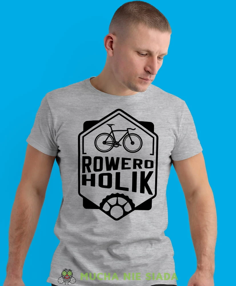 roweroholik, szara męska koszulka rowerowa z nadrukiem, na rower, na co dzień, na prezent, fajna koszulka dla chłopaka, rower, rowerzysta.jpg