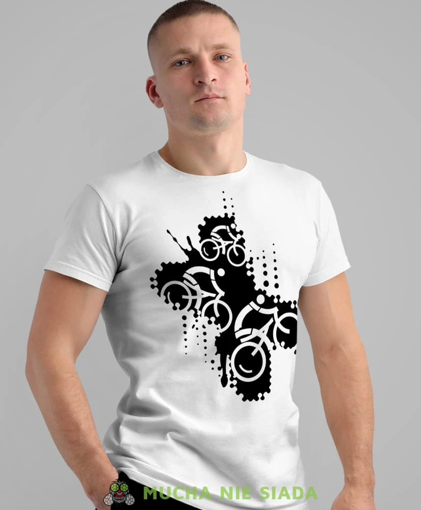 rowerzyści, biała męska koszulka rowerowa z nadrukiem, na rower, na co dzień, na prezent, fajna koszulka dla chłopaka, rower, rowerzysta.jpg
