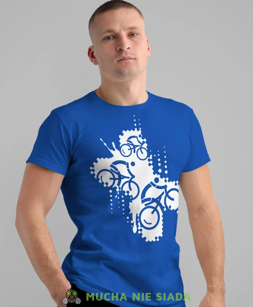 rowerzyści, niebieska męska koszulka rowerowa z nadrukiem, na rower, na co dzień, na prezent, fajna koszulka dla chłopaka, rower, rowerzysta.jpg