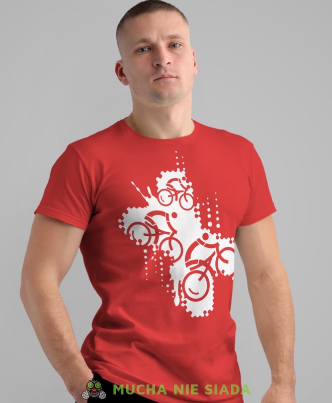 rowerzyści, czerwona męska koszulka rowerowa z nadrukiem, na rower, na co dzień, na prezent, fajna koszulka dla chłopaka, rower, rowerzysta.jpg