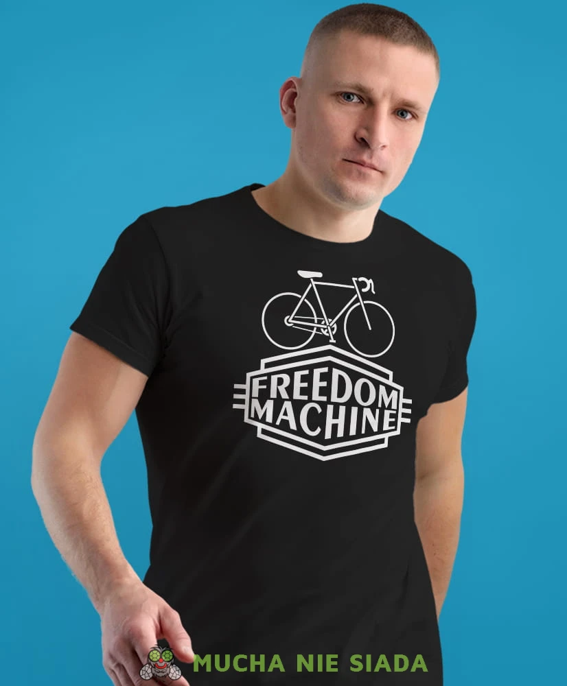 freedom machine, czarna męska koszulka rowerowa z nadrukiem, na rower, na co dzień, na prezent, fajna koszulka dla chłopaka, rower, rowerzysta.jpg
