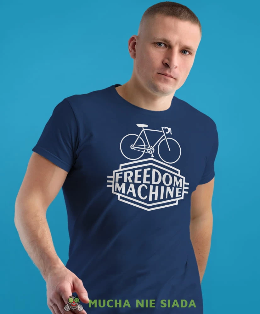 freedom machine, granatowa męska koszulka rowerowa z nadrukiem, na rower, na co dzień, na prezent, fajna koszulka dla chłopaka, rower, rowerzysta.jpg