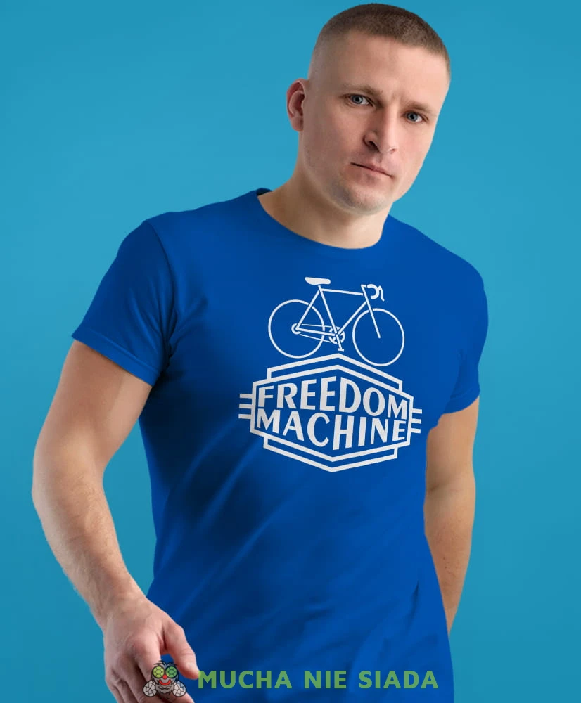 freedom machine, niebieska męska koszulka rowerowa z nadrukiem, na rower, na co dzień, na prezent, fajna koszulka dla chłopaka, rower, rowerzysta.jpg