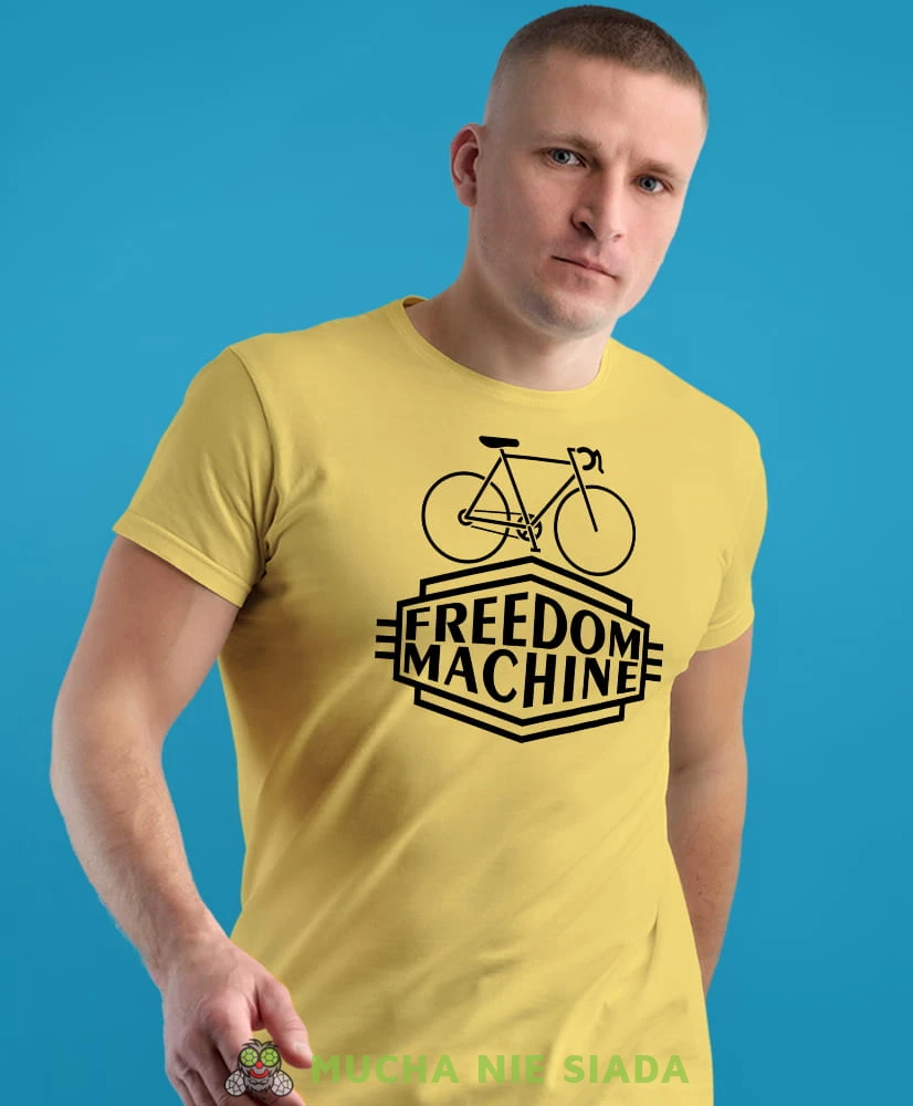 freedom machine, żółta męska koszulka rowerowa z nadrukiem, na rower, na co dzień, na prezent, fajna koszulka dla chłopaka, rower, rowerzysta.jpg