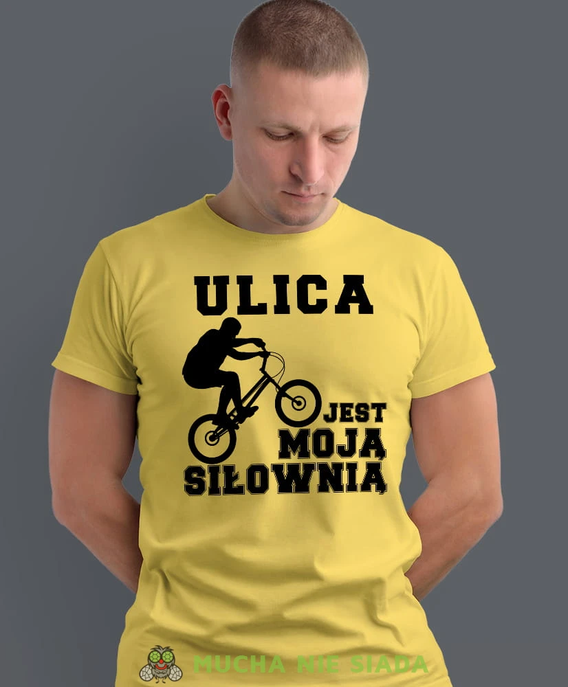 ulica jest moją siłownią, żółta męska koszulka rowerowa z nadrukiem, na rower, na co dzień, na prezent, fajna koszulka dla chłopaka, rower, rowerzysta.jpg