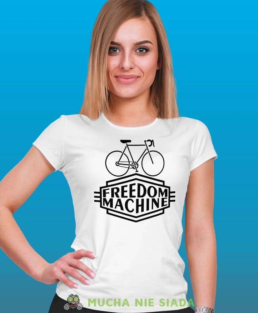 freedom machine, biała damska koszulka rowerowa z nadrukiem, na rower, fajna koszulka dla rowerzystki, na co dzień, na prezent .jpg