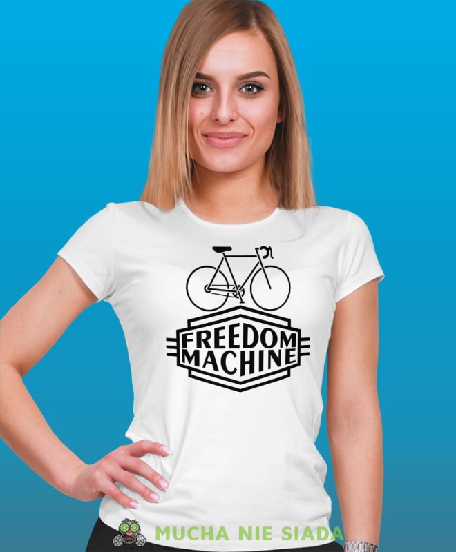 freedom machine, biała damska koszulka rowerowa z nadrukiem, na rower, fajna koszulka dla rowerzystki, na co dzień, na prezent .jpg