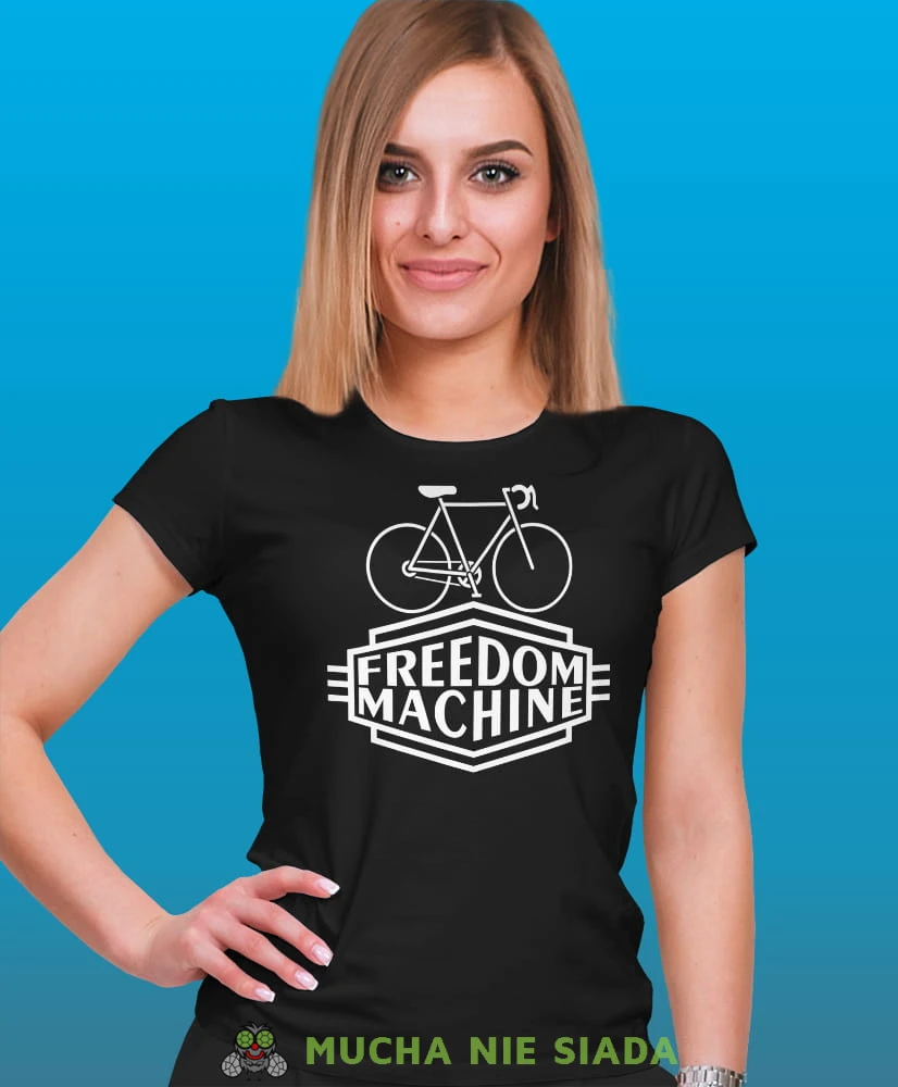 freedom machine, czarna damska koszulka rowerowa z nadrukiem, na rower, fajna koszulka dla rowerzystki, na co dzień, na prezent .jpg