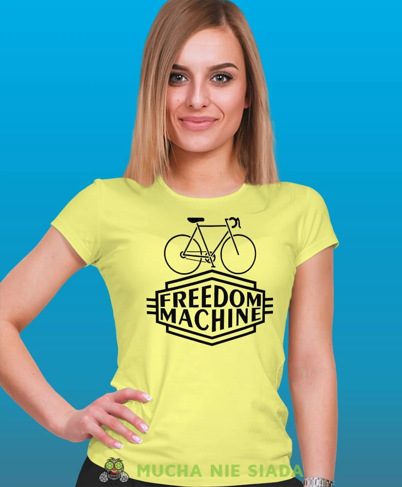 freedom machine, żółta damska koszulka rowerowa z nadrukiem, na rower, fajna koszulka dla rowerzystki, na co dzień, na prezent .jpg