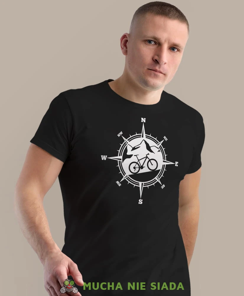 rower górski kompas, czarna męska koszulka rowerowa z nadrukiem, na rower, na co dzień, na prezent, fajna koszulka dla chłopaka, rower, rowerzysta.jpg