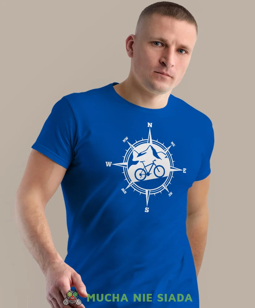 rower górski kompas, niebieska męska koszulka rowerowa z nadrukiem, na rower, na co dzień, na prezent, fajna koszulka dla chłopaka, rower, rowerzysta.jpg