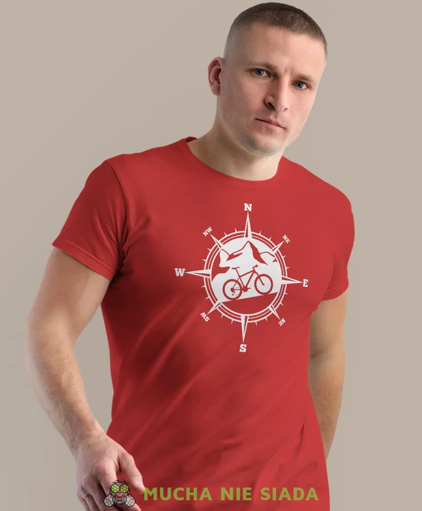 rower górski kompas, czerwona męska koszulka rowerowa z nadrukiem, na rower, na co dzień, na prezent, fajna koszulka dla chłopaka, rower, rowerzysta.jpg