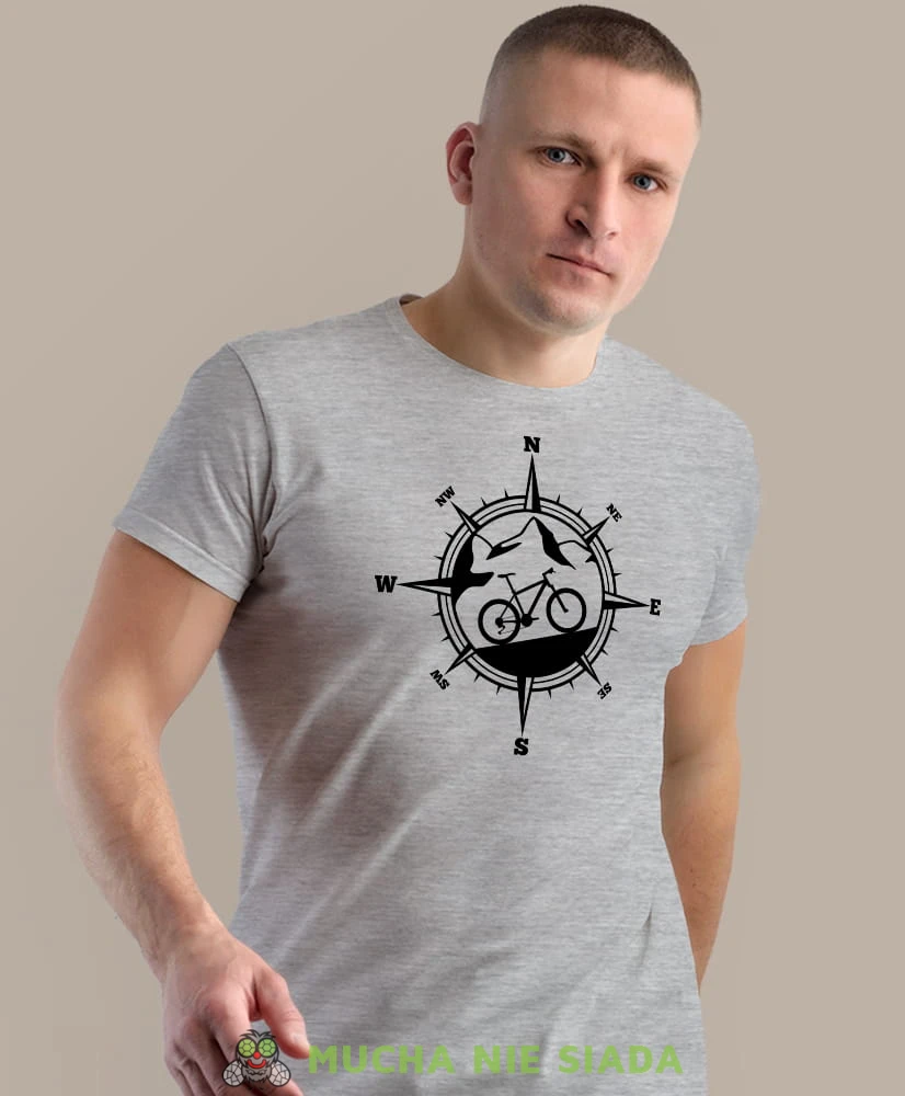 rower górski kompas, szara męska koszulka rowerowa z nadrukiem, na rower, na co dzień, na prezent, fajna koszulka dla chłopaka, rower, rowerzysta.jpg