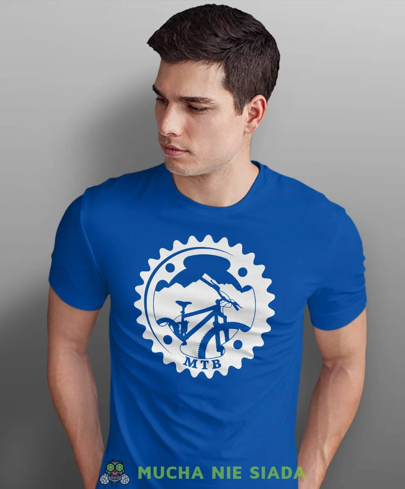 mtb rower górski zębatka, niebieska męska koszulka rowerowa z nadrukiem, na rower, na co dzień, na prezent, fajna koszulka dla chłopaka, rower, rowerzysta.jpg