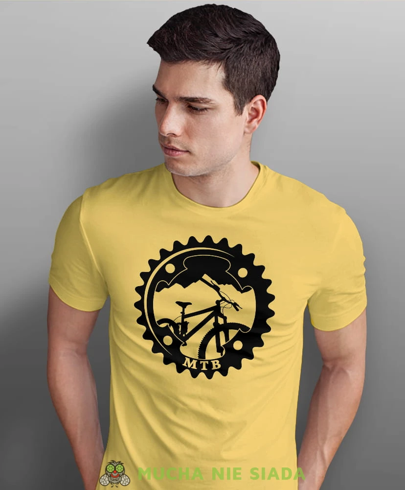 mtb rower górski zębatka, żółta męska koszulka rowerowa z nadrukiem, na rower, na co dzień, na prezent, fajna koszulka dla chłopaka, rower, rowerzysta.jpg