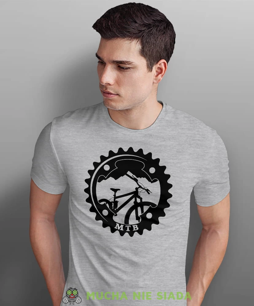 mtb rower górski zębatka, szara męska koszulka rowerowa z nadrukiem, na rower, na co dzień, na prezent, fajna koszulka dla chłopaka, rower, rowerzysta.jpg