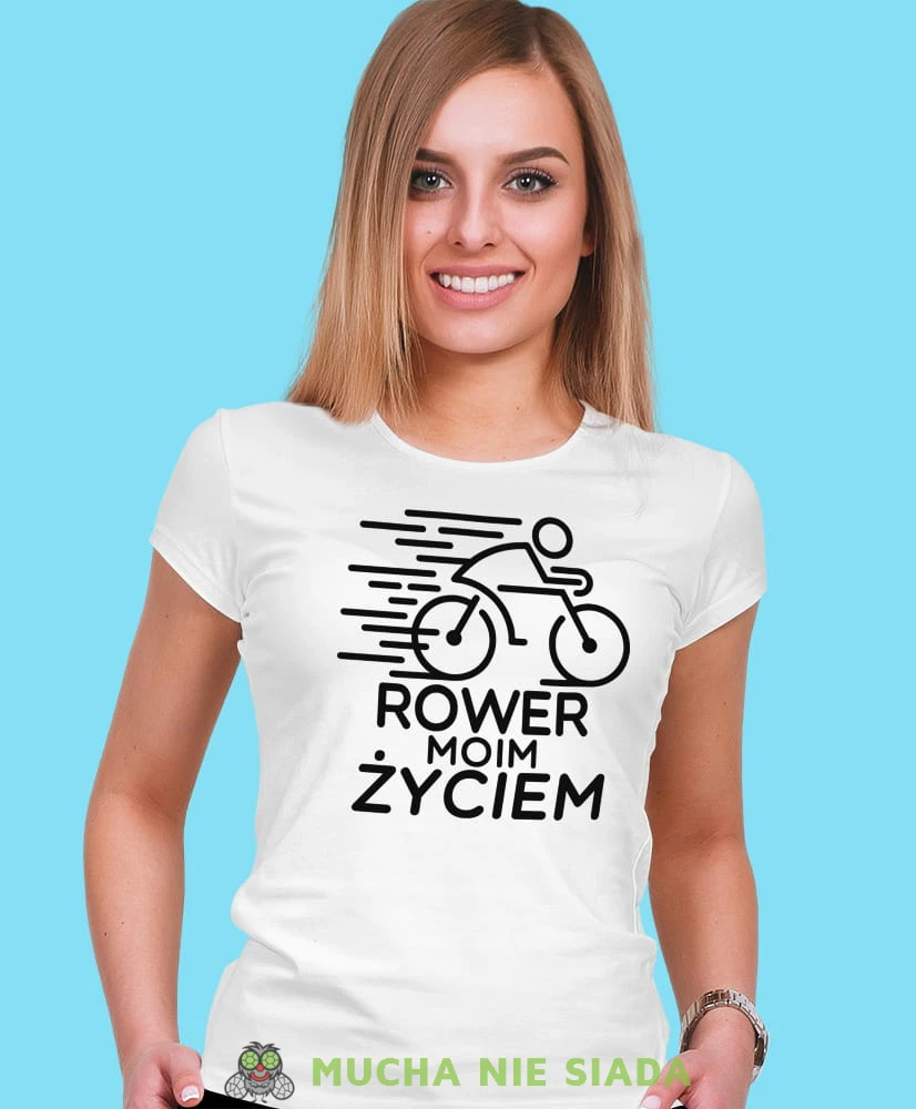 rower moim życiem, biała damska koszulka rowerowa z nadrukiem, na rower, fajna koszulka dla rowerzystki, na co dzień, na prezent .jpg