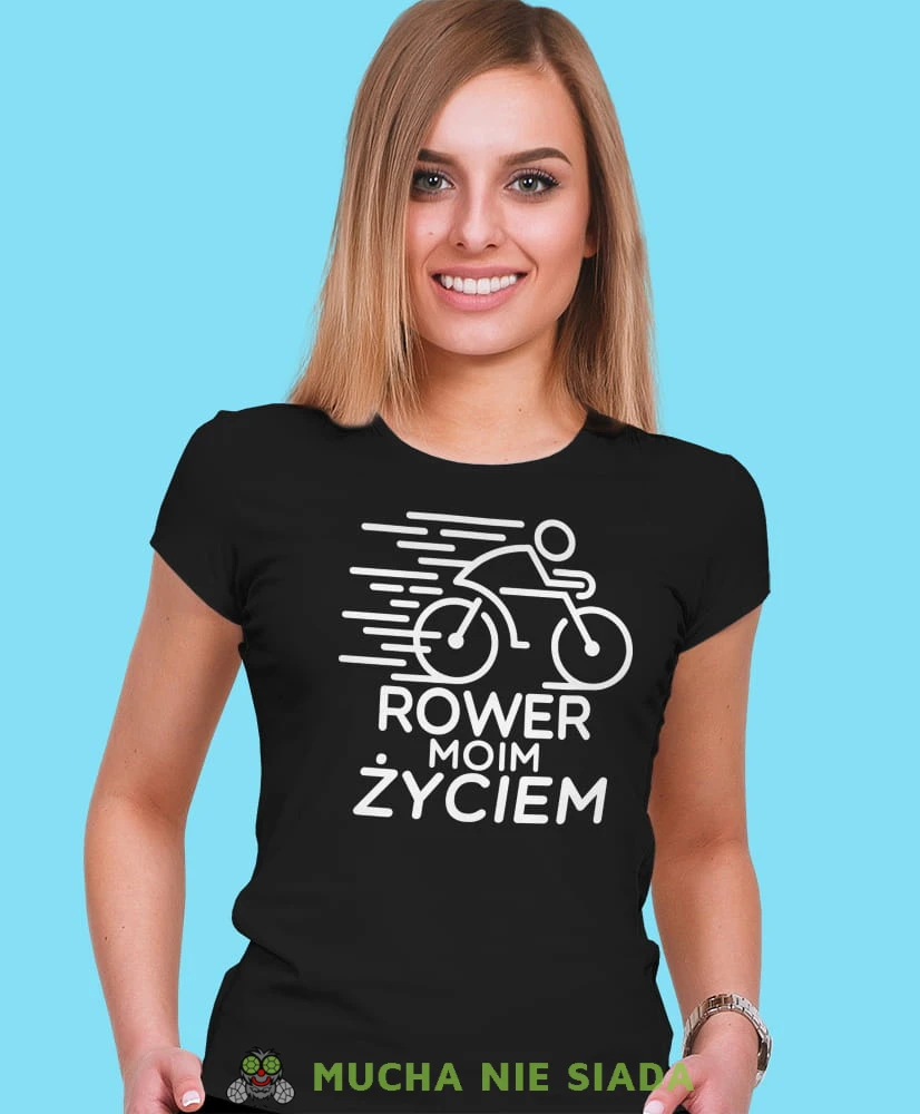 rower moim życiem, czarna damska koszulka rowerowa z nadrukiem, na rower, fajna koszulka dla rowerzystki, na co dzień, na prezent .jpg
