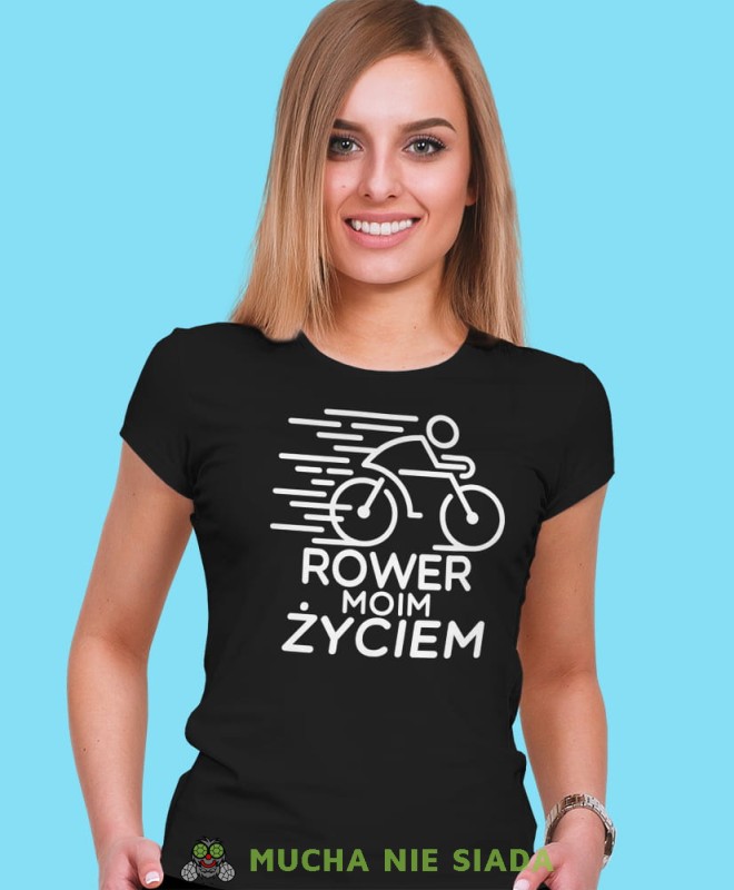 rower moim życiem, czarna damska koszulka rowerowa z nadrukiem, na rower, fajna koszulka dla rowerzystki, na co dzień, na prezent .jpg
