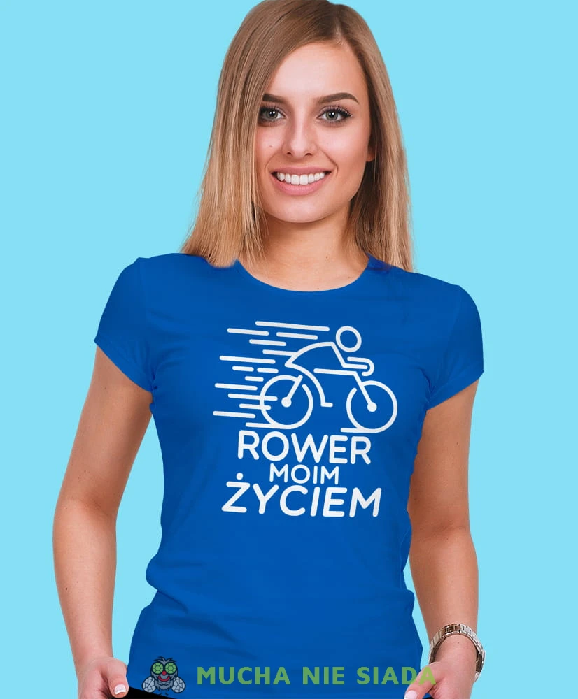rower moim życiem, niebieska damska koszulka rowerowa z nadrukiem, na rower, fajna koszulka dla rowerzystki, na co dzień, na prezent .jpg