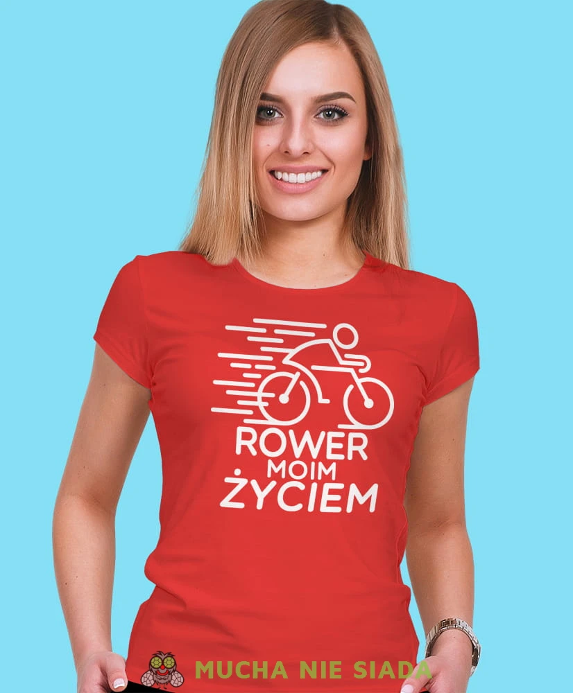 rower moim życiem, czerwona damska koszulka rowerowa z nadrukiem, na rower, fajna koszulka dla rowerzystki, na co dzień, na prezent .jpg